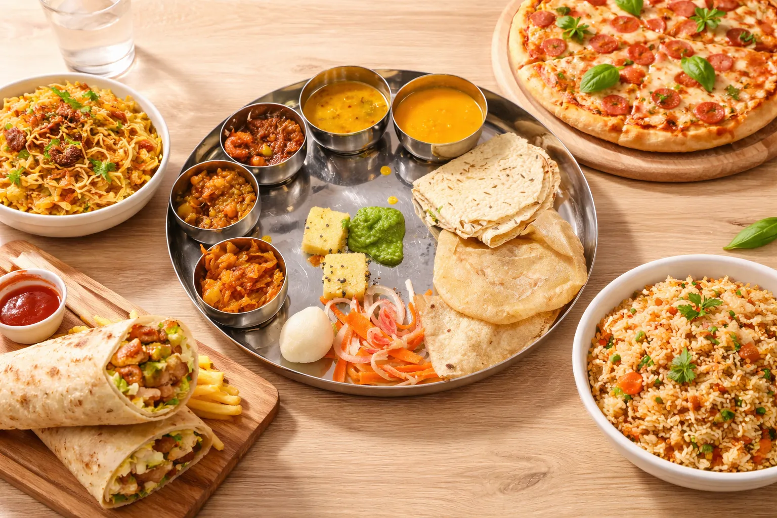 Gujarati Unlimited Thali at Vinni's by Vinayak, Winnipeg — pure vegetarian spread with sabzi, dal, roti, rice and accompaniments