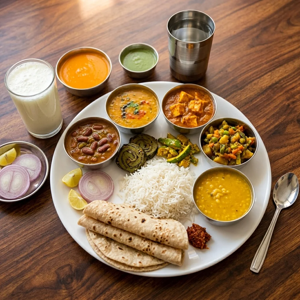 Unlimited Gujarati thali with curries rice and fresh roti at Vinni's By Vinayak Winnipeg