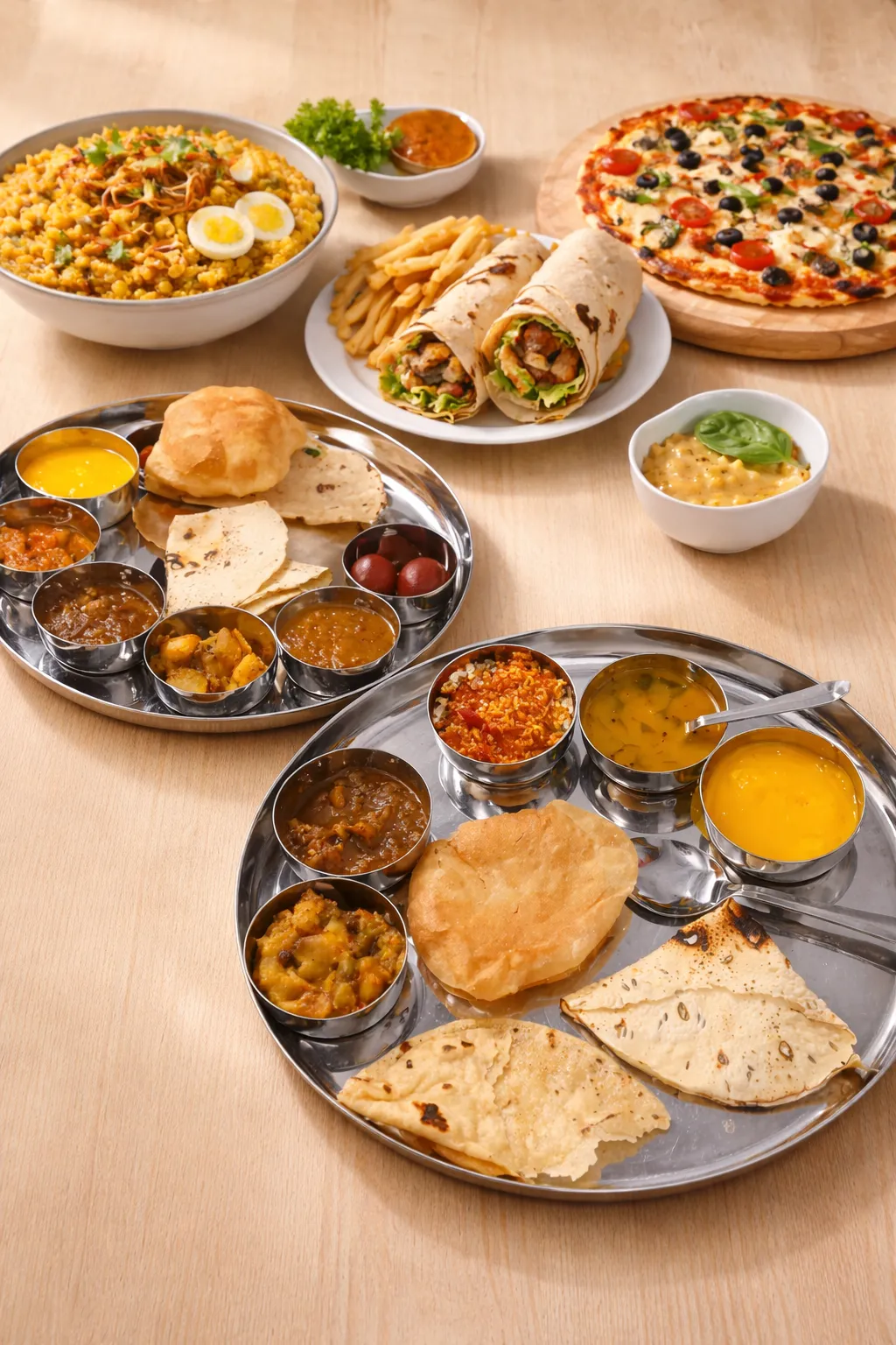 Gujarati Unlimited Thali at Vinni's by Vinayak Winnipeg — pure veg spread with 3 sabzi, dal, roti, rice and accompaniments for $12.99